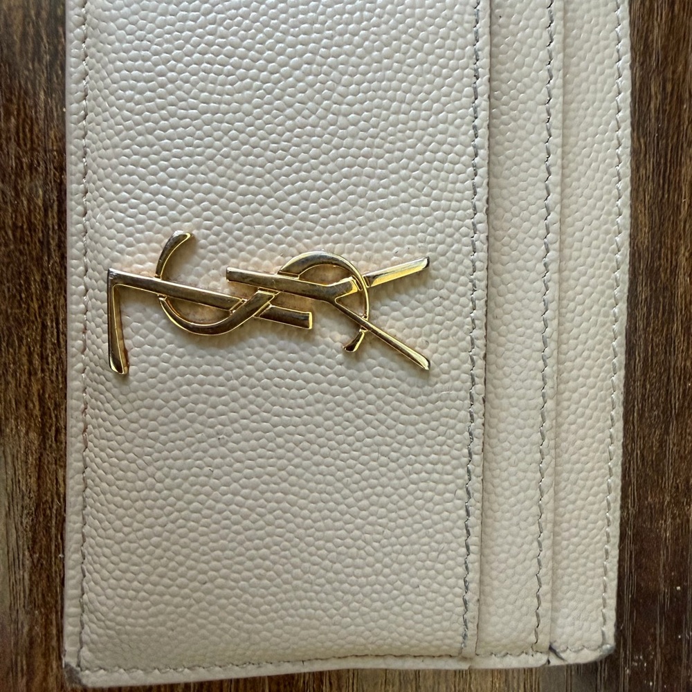 Saint Laurent YSL Cream Pebbled Leather Card Holder Gold Logo Wallet